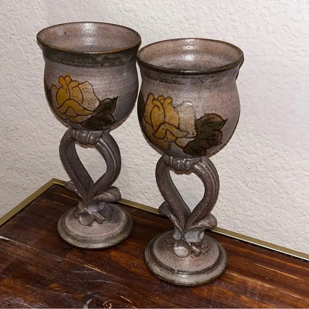 A Pair of Vintage Hand Decorated Studio Art Pottery Chalice Goblets by LaPointe